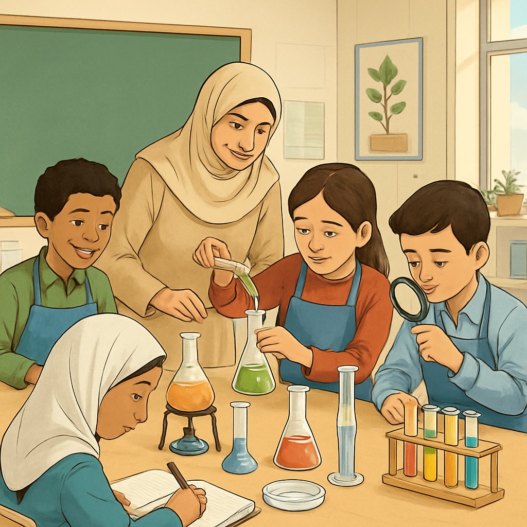 Gaza classroom with students conducting science experiments.