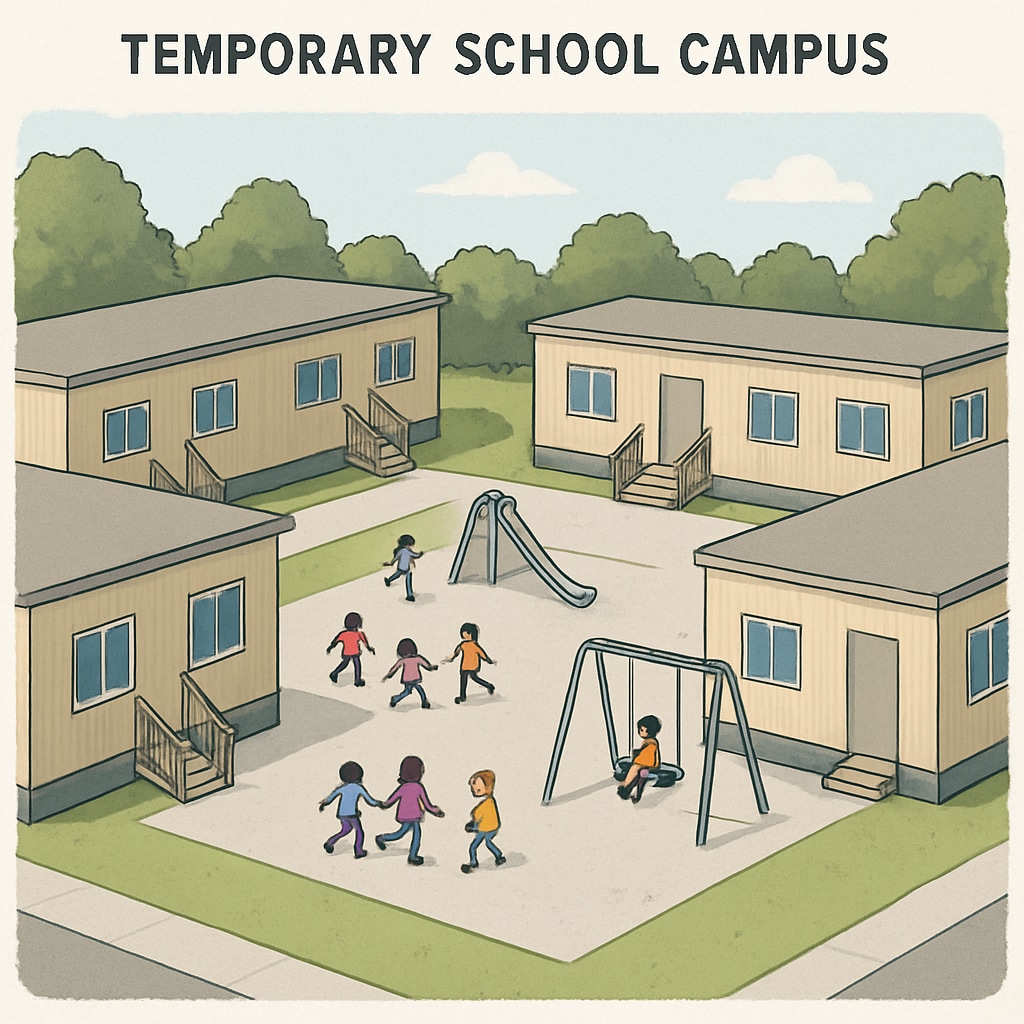 Temporary school campus with portable classrooms and no playground equipment.
