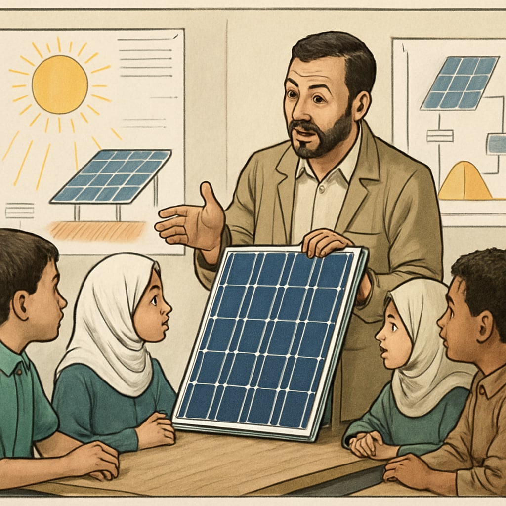Gaza teacher showing students a solar panel project.