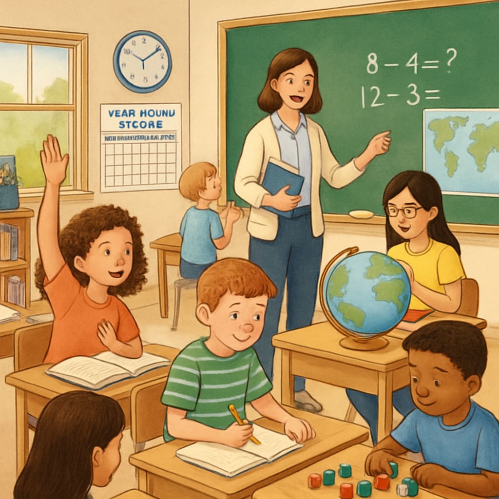 A classroom with students engaged in learning activities, showcasing a year-round schooling environment. Students learning in a classroom under a year-round schooling system.