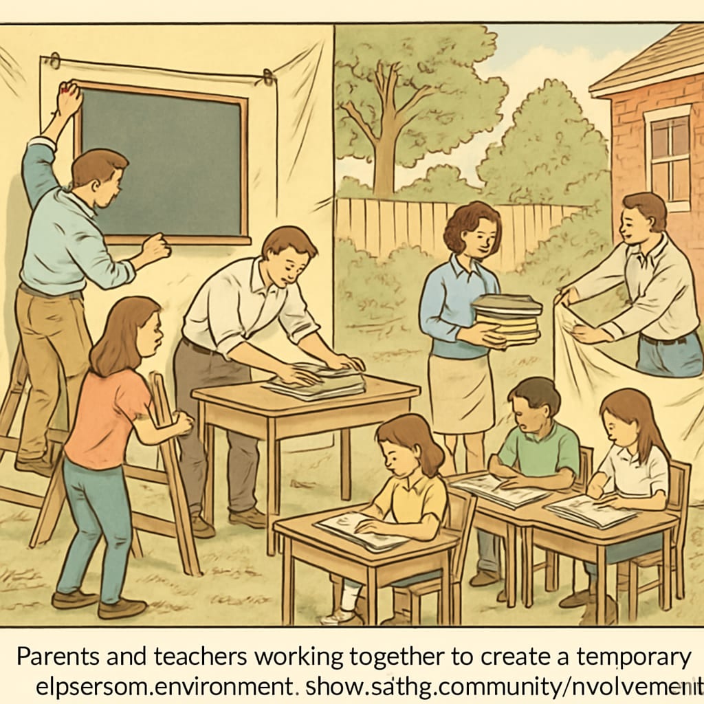 Parents and teachers setting up a temporary classroom for elementary students.