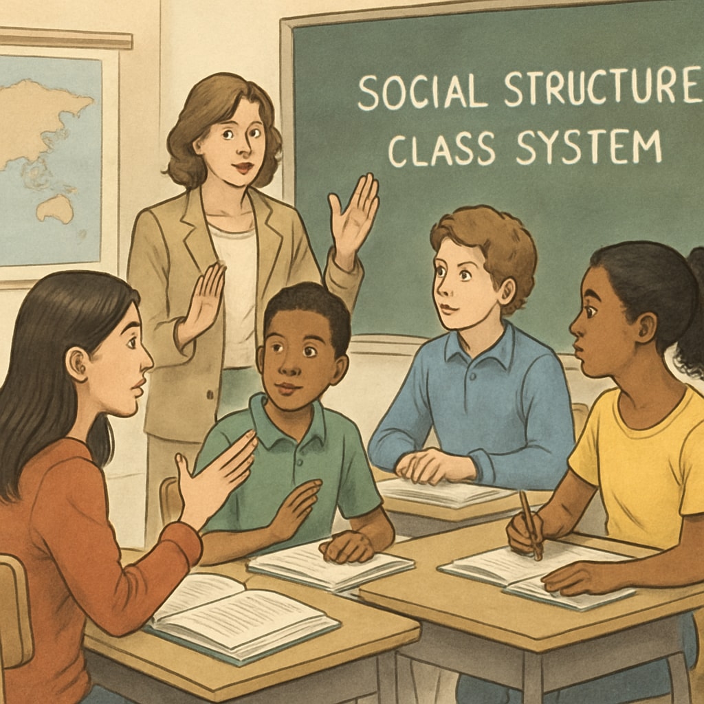 Students in a classroom discussing class systems and societal structures in a social studies lesson.
