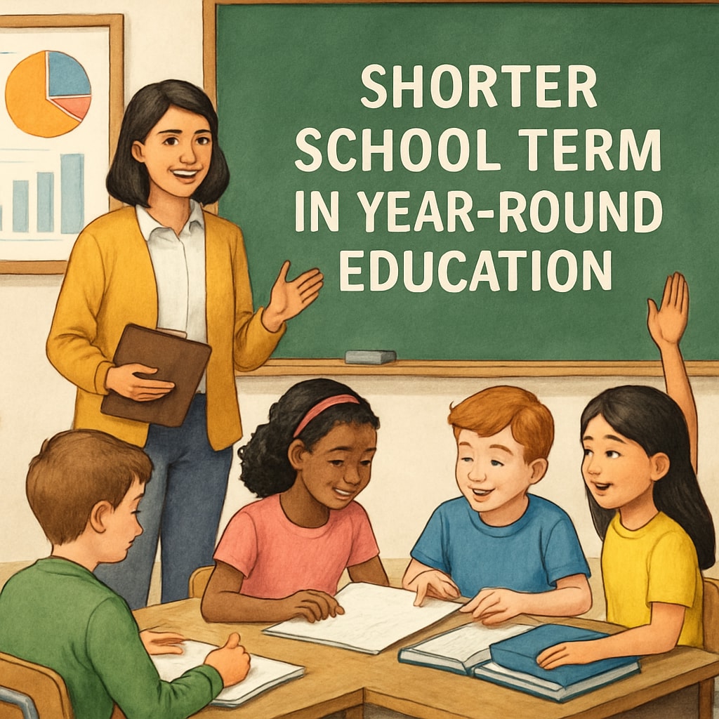 A teacher leading an interactive learning session with students during a shorter school term in a year-round system. A teacher interacting with students in a year-round schooling setup.