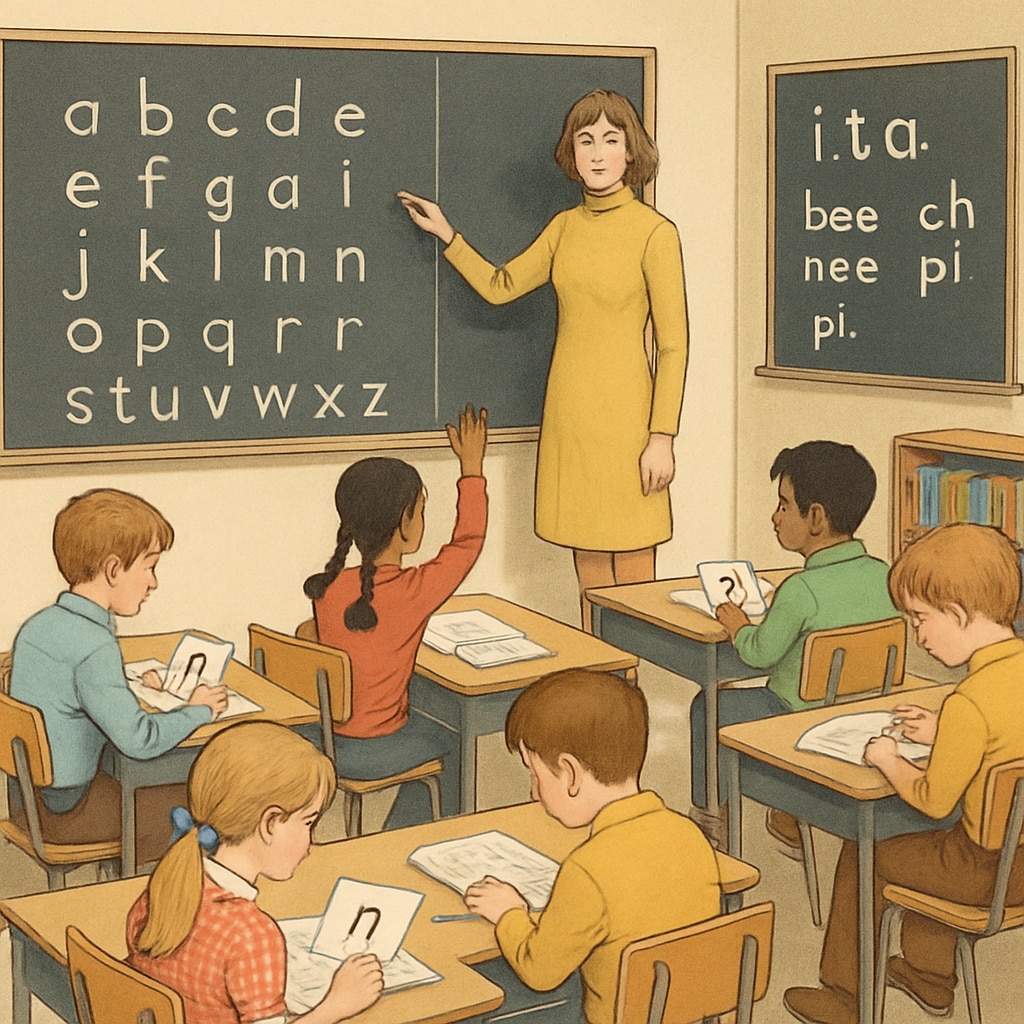 A historical classroom image showing children using the Initial Teaching Alphabet in the 1970s. The classroom setup highlights its educational use. Children in a 1970s classroom learning with the Initial Teaching Alphabet.