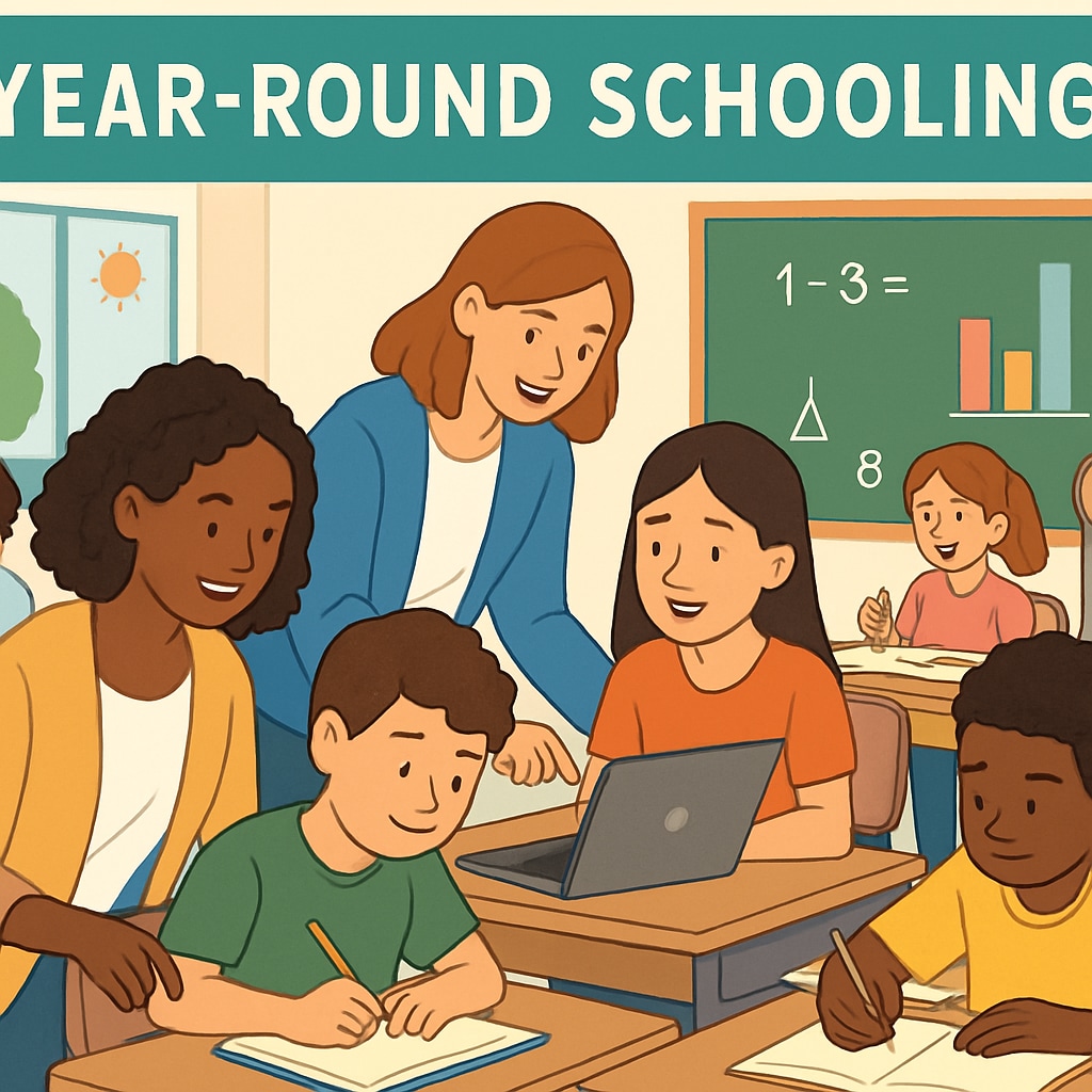 A classroom scene illustrating year-round schooling and its impact on knowledge retention.