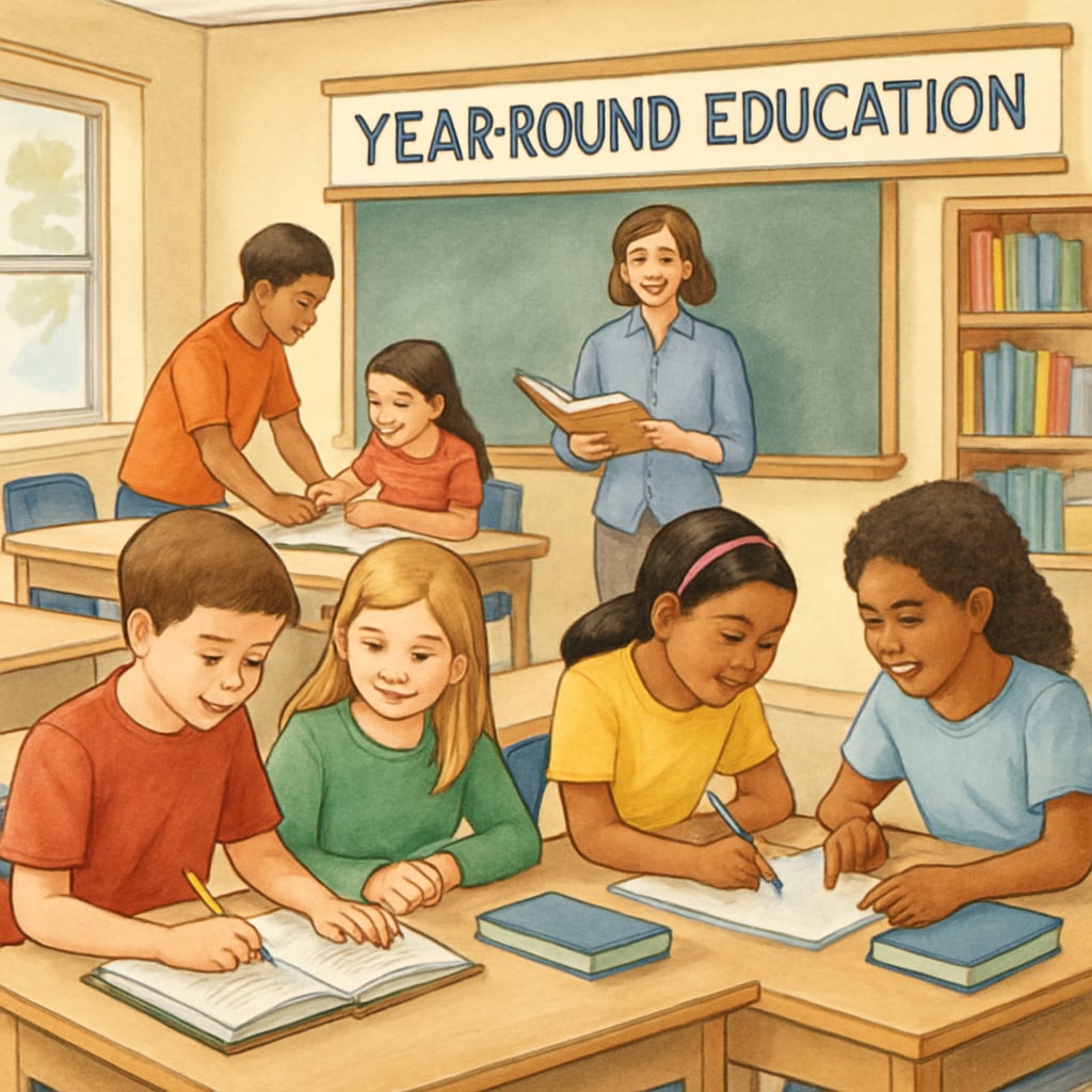 Students in a year-round education classroom actively learning and collaborating.