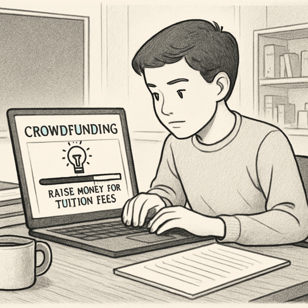 A student sitting at a desk with a laptop, creating a crowdfunding campaign to raise money for tuition fees. A student working on a crowdfunding campaign for university tuition.