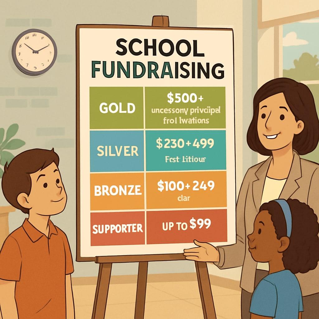 A fundraising chart displaying privilege levels based on donation amounts.