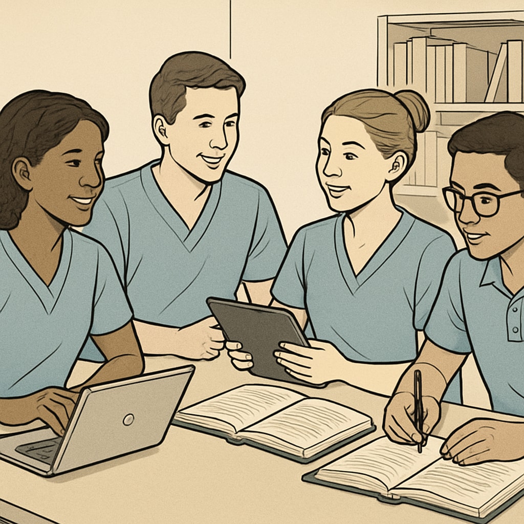 Nursing students participating in an online study group discussing healthcare topics.