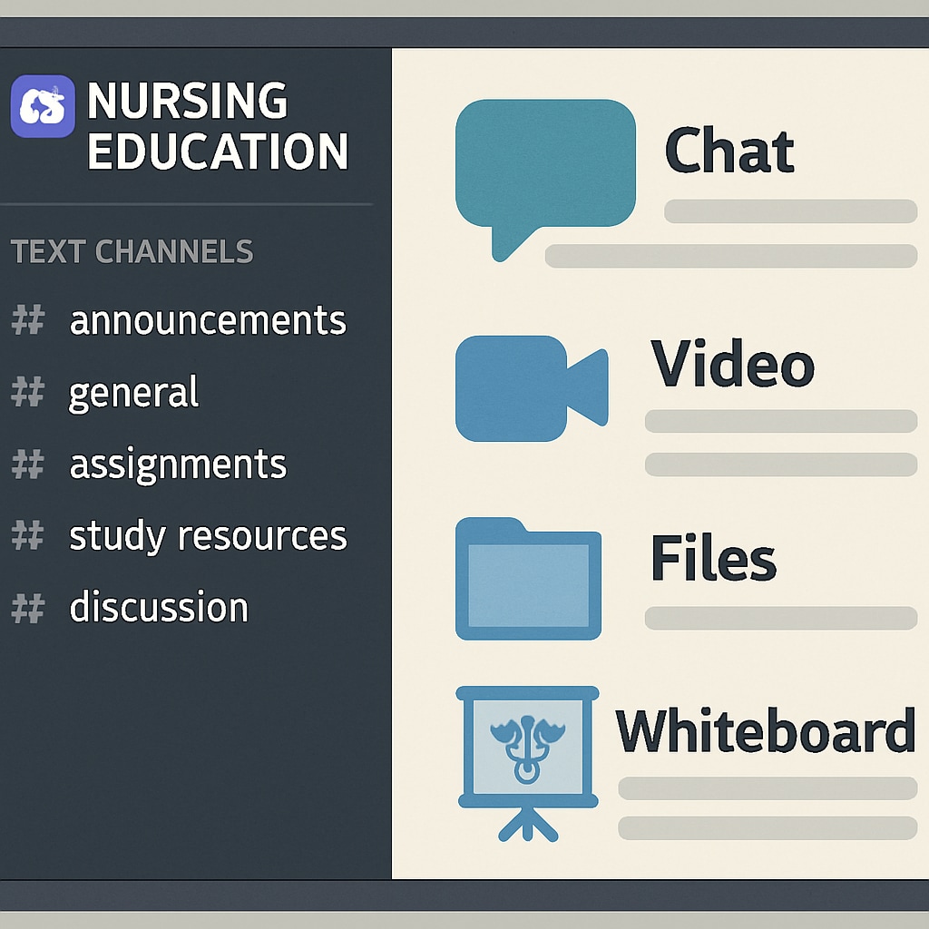 Discord server interface showcasing nursing education resources and study group discussions.