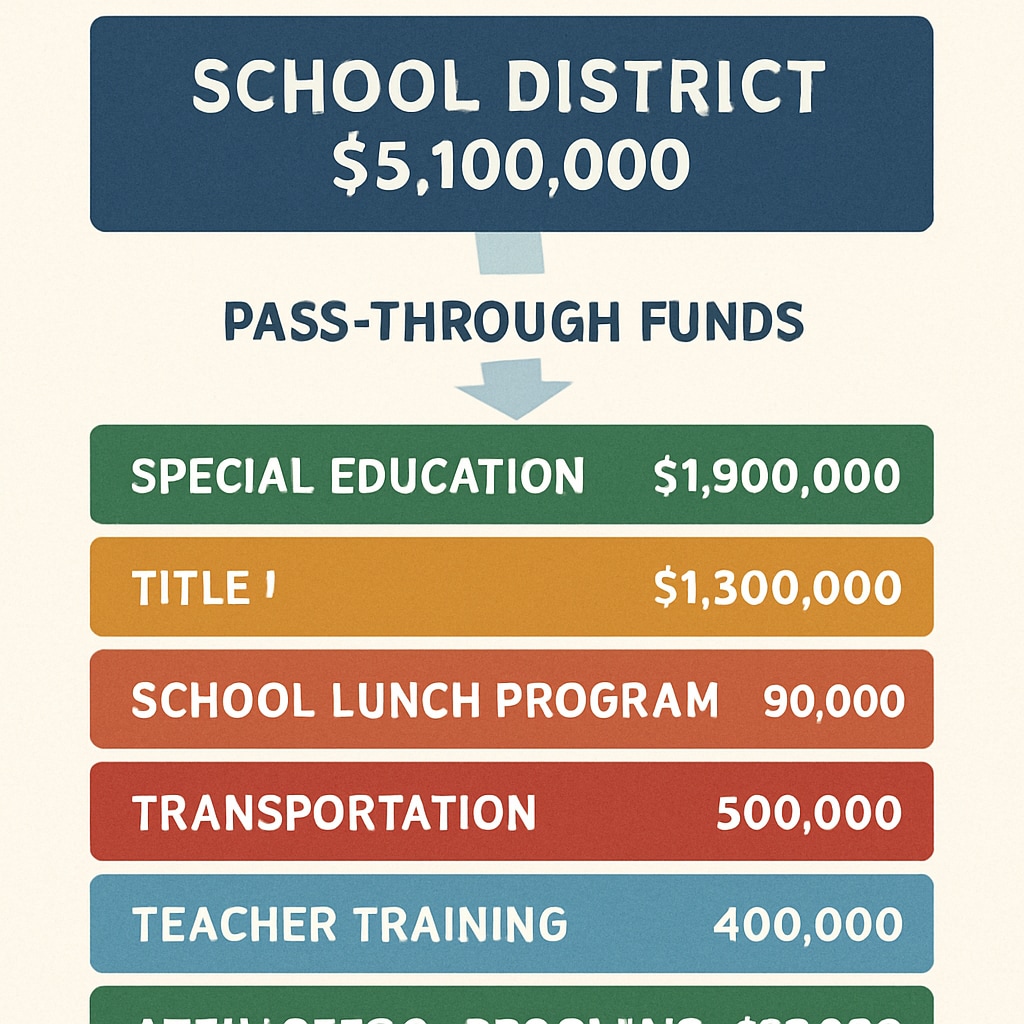 A detailed chart showing the breakdown of pass-through funds and their allocation to different programs in a school district. Chart illustrating the distribution of pass-through funds in education budgets.