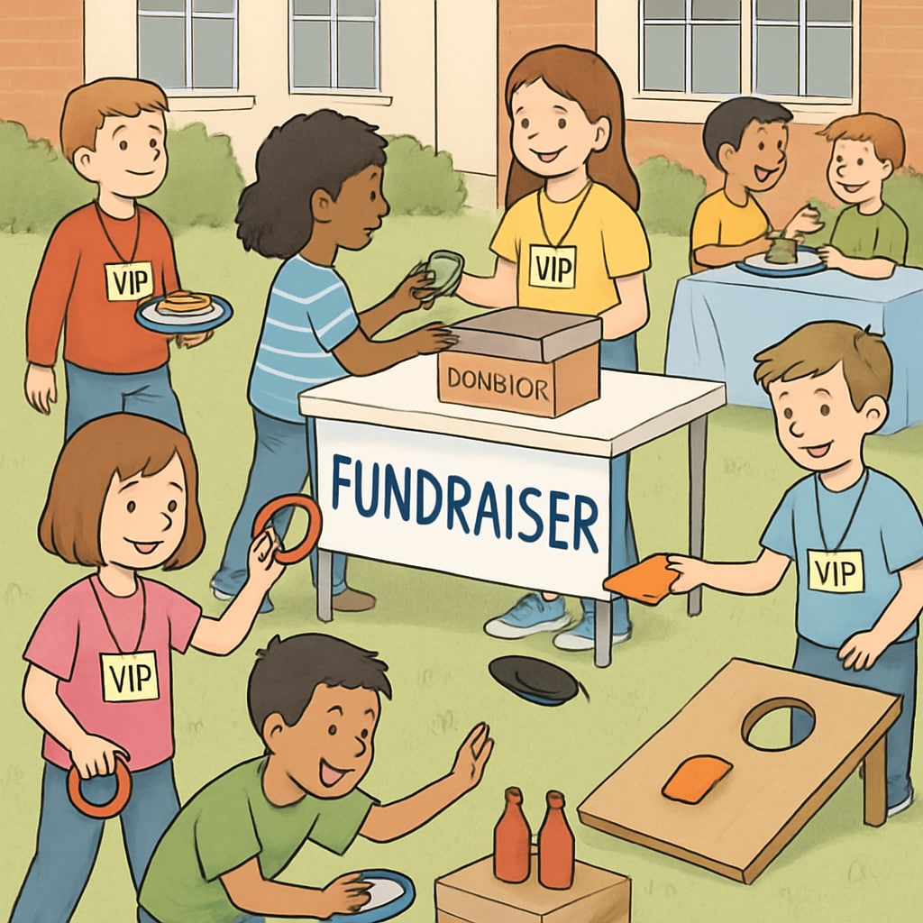 A school fundraising event with children participating in activities, some visibly marked with special privileges such as School fundraising event showing economic disparities among children.