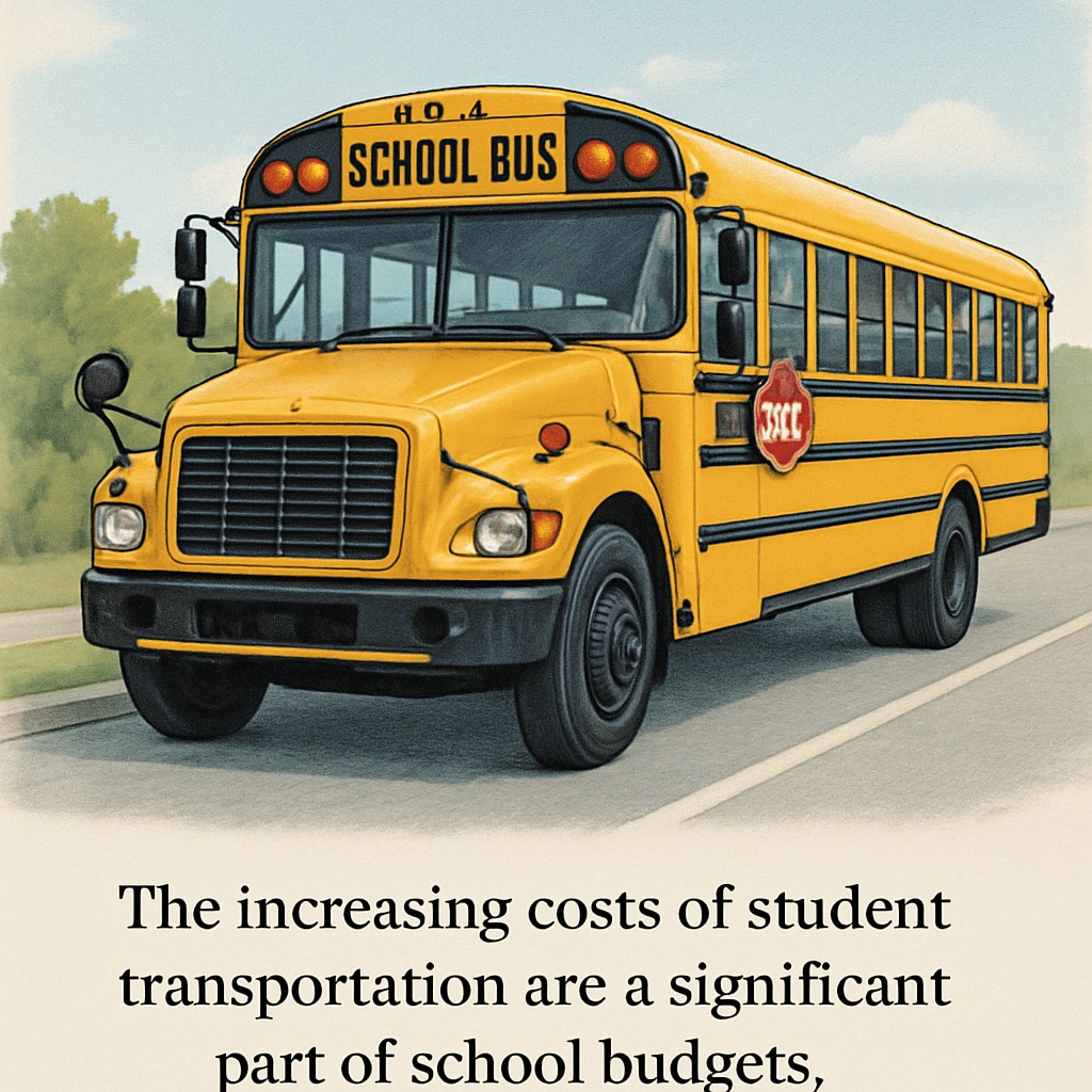A school bus with a caption highlighting the rising costs of student transportation as part of school budgets. School bus emphasizing the rising costs of transportation in school budgeting.