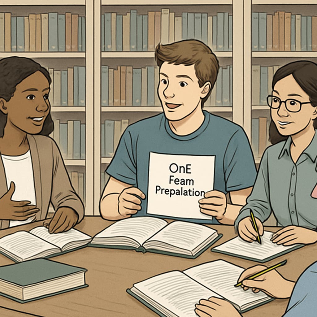 A group of students discussing OAE exam preparation strategies in a library. Students collaborating to prepare for the OAE exam in a study group.