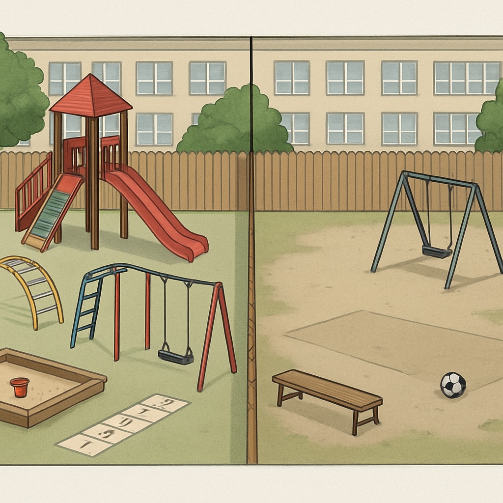 A symbolic image of a divided school playground, with one side appearing more elaborate and exclusive compared to the other. School playground illustrating economic segregation in fundraising.