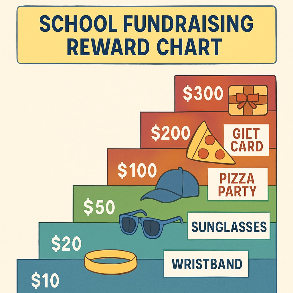A visual representation of a tiered reward chart used in school fundraising, showing the different benefits associated with each monetary level. Tiered reward chart for school fundraising demonstrating economic disparities.