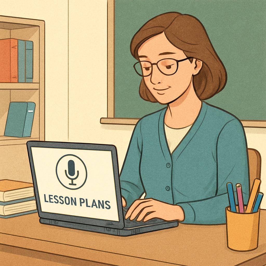 A teacher using a speech-to-text tool like WillowVoice to transcribe lesson plans on their laptop. Teacher transcribing lesson plans with WillowVoice speech-to-text tool.