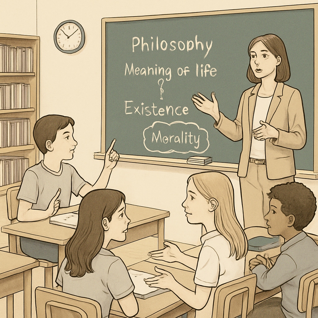 Students discussing philosophy and psychology concepts in a classroom setting.