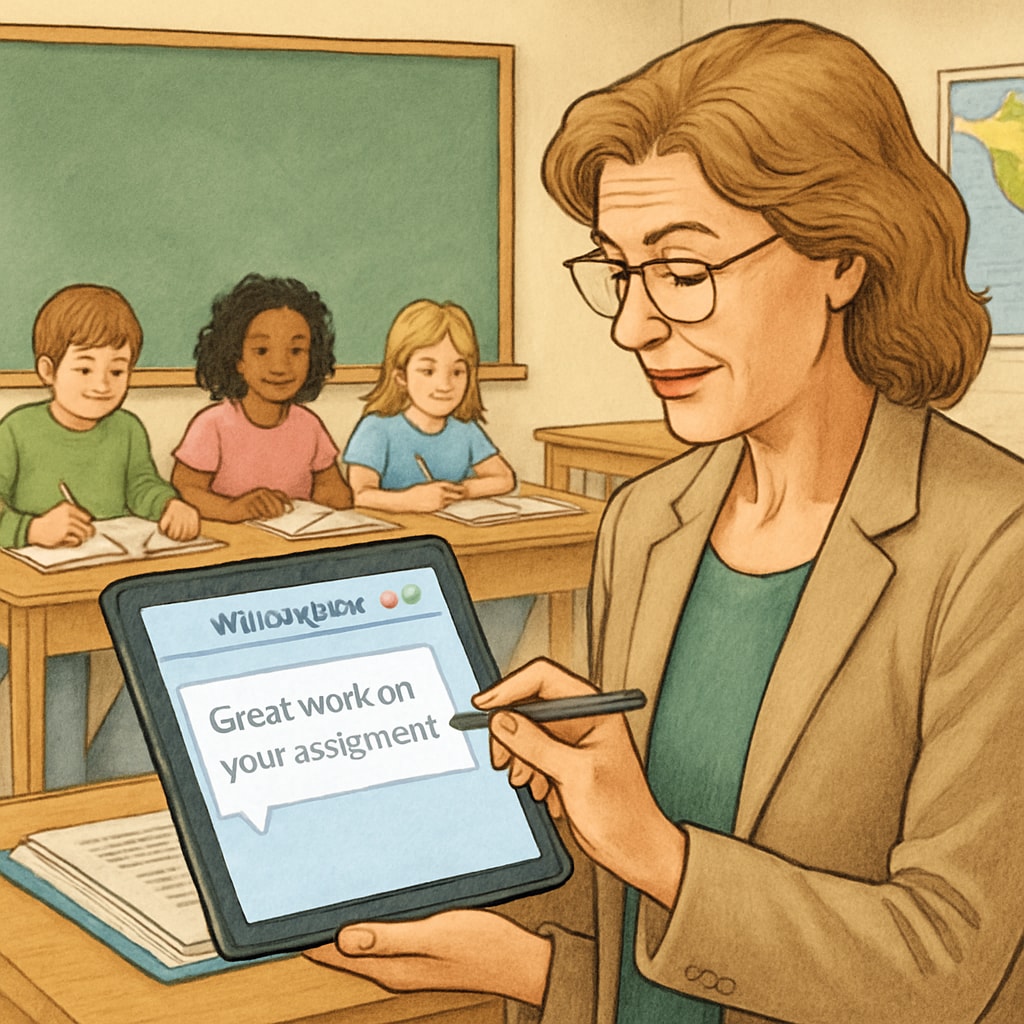 A teacher using WillowVoice software on a tablet to record feedback for students in a classroom setting, highlighting real-time transcription benefits. Teacher using WillowVoice for efficient feedback recording in K12 classrooms.