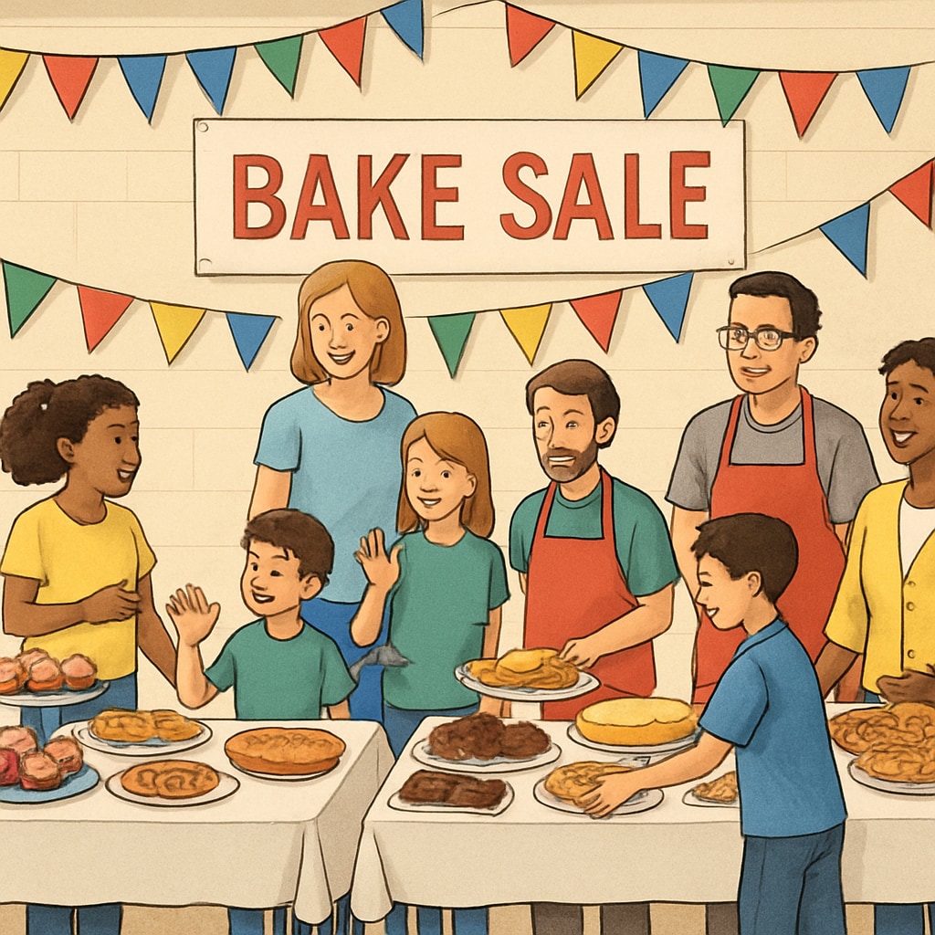 A school bake sale event with students and parents collaborating, symbolizing inclusive community-based fundraising. Inclusive school bake sale showcasing community-driven fundraising efforts.