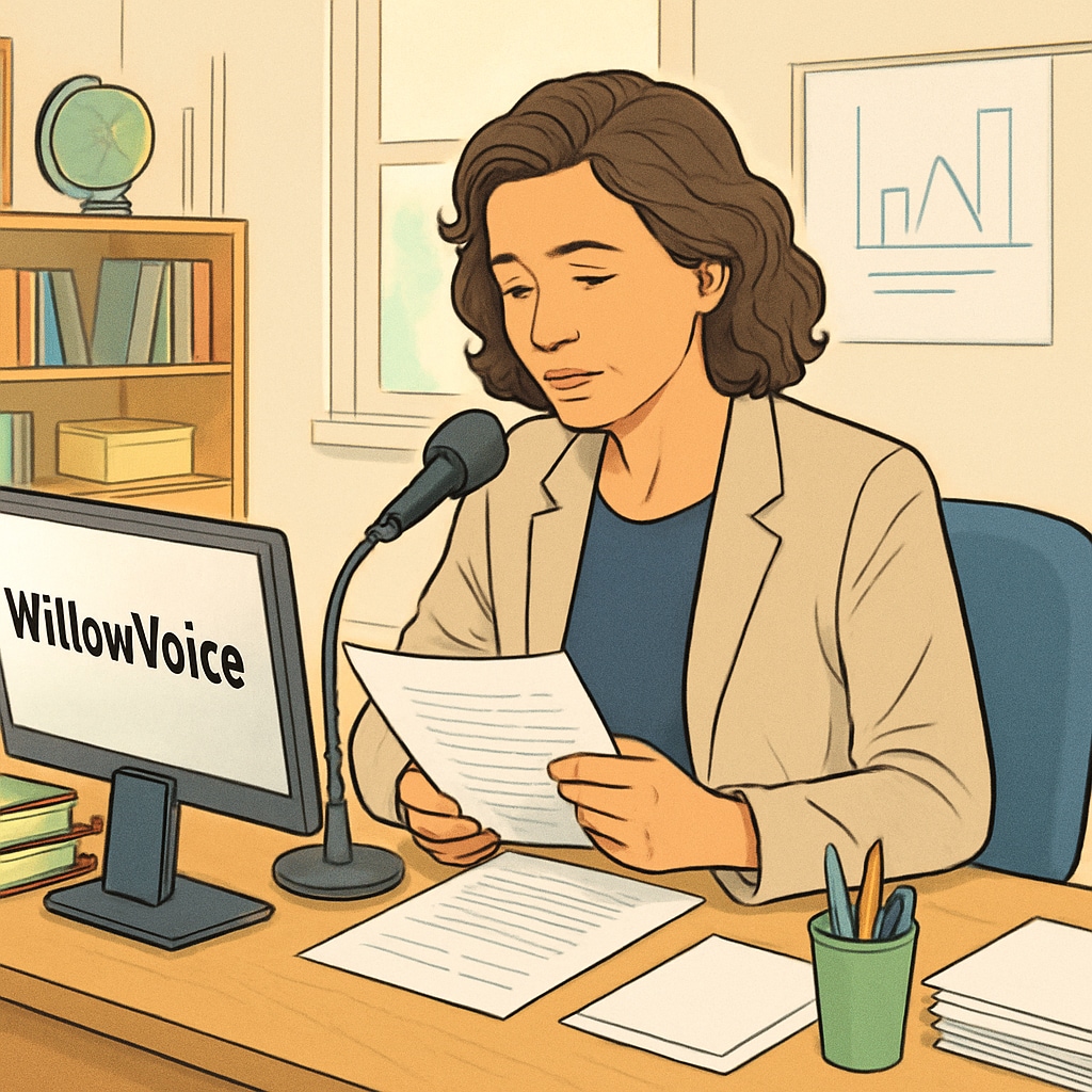 A teacher reviewing a student’s assignment while dictating feedback using WillowVoice software. Educator providing student feedback using WillowVoice.