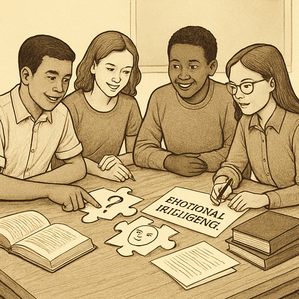 Students solving philosophical puzzles or discussing emotional intelligence in a group activity.