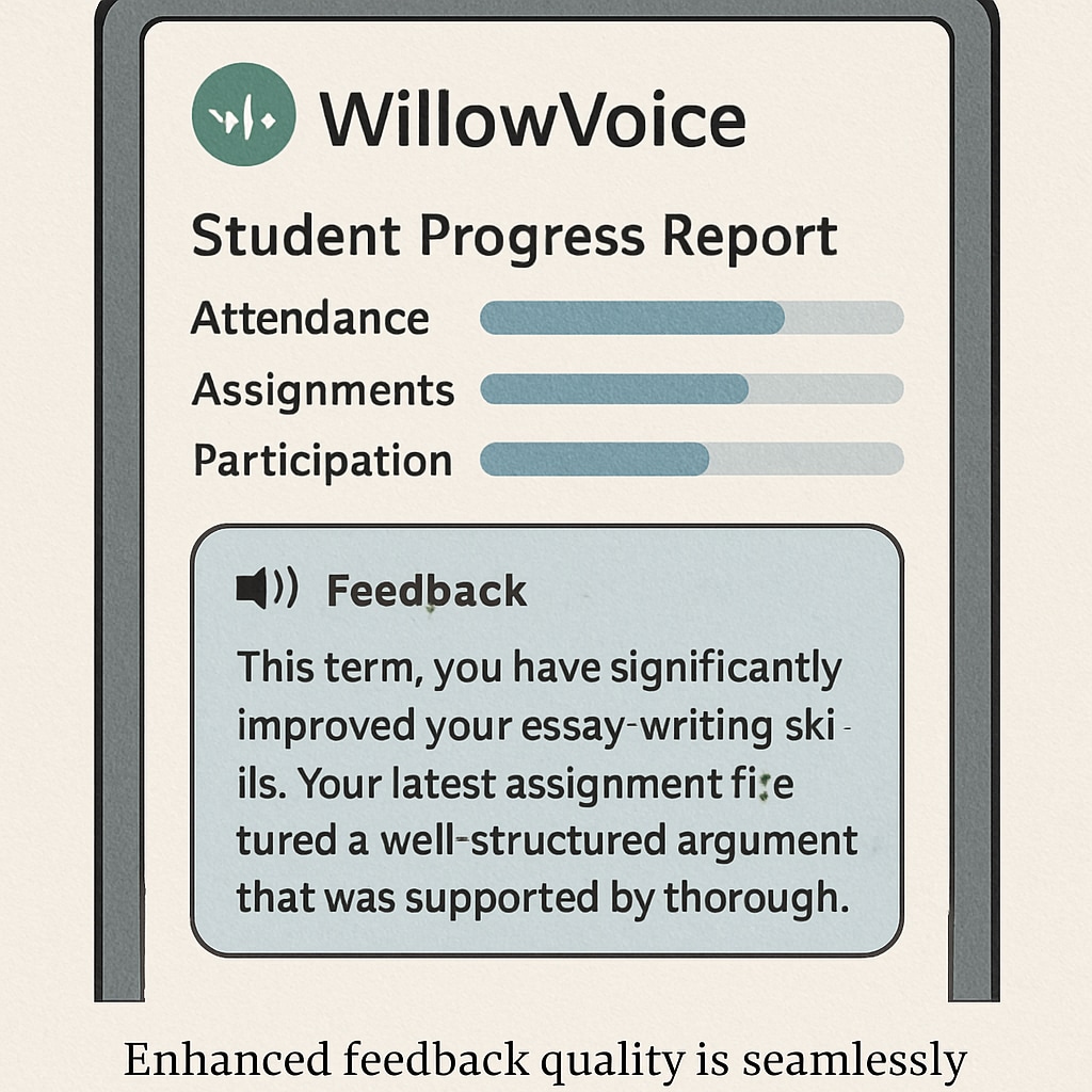 A close-up of a WillowVoice interface displaying transcribed feedback integrated into a student’s progress report, showcasing enhanced feedback quality. WillowVoice interface showing detailed student feedback in transcription mode.