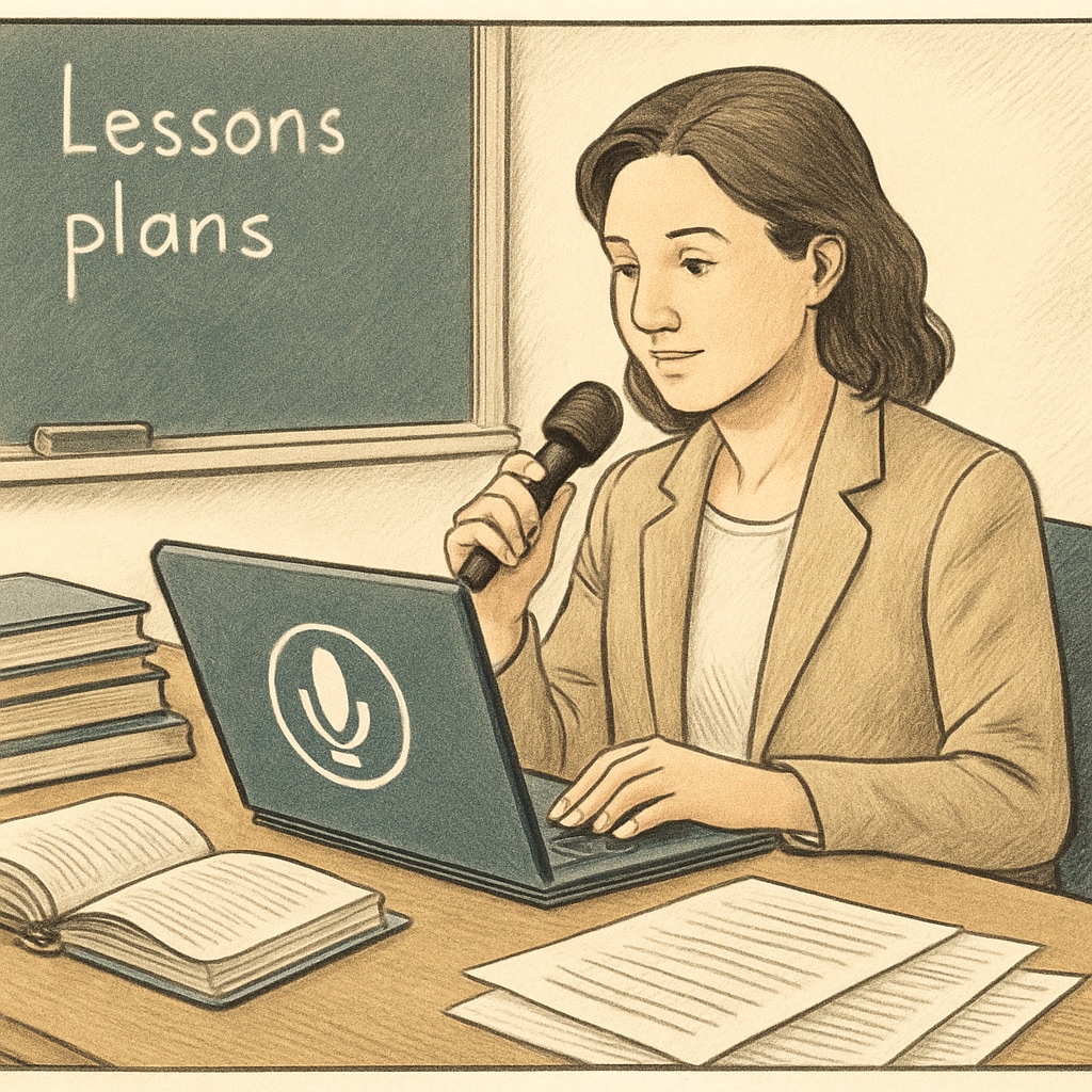 A teacher using voice recognition software to dictate lesson plans on a laptop; relevant to voice recognition tools in education. Teacher using voice recognition software to enhance teaching efficiency and reduce workload.