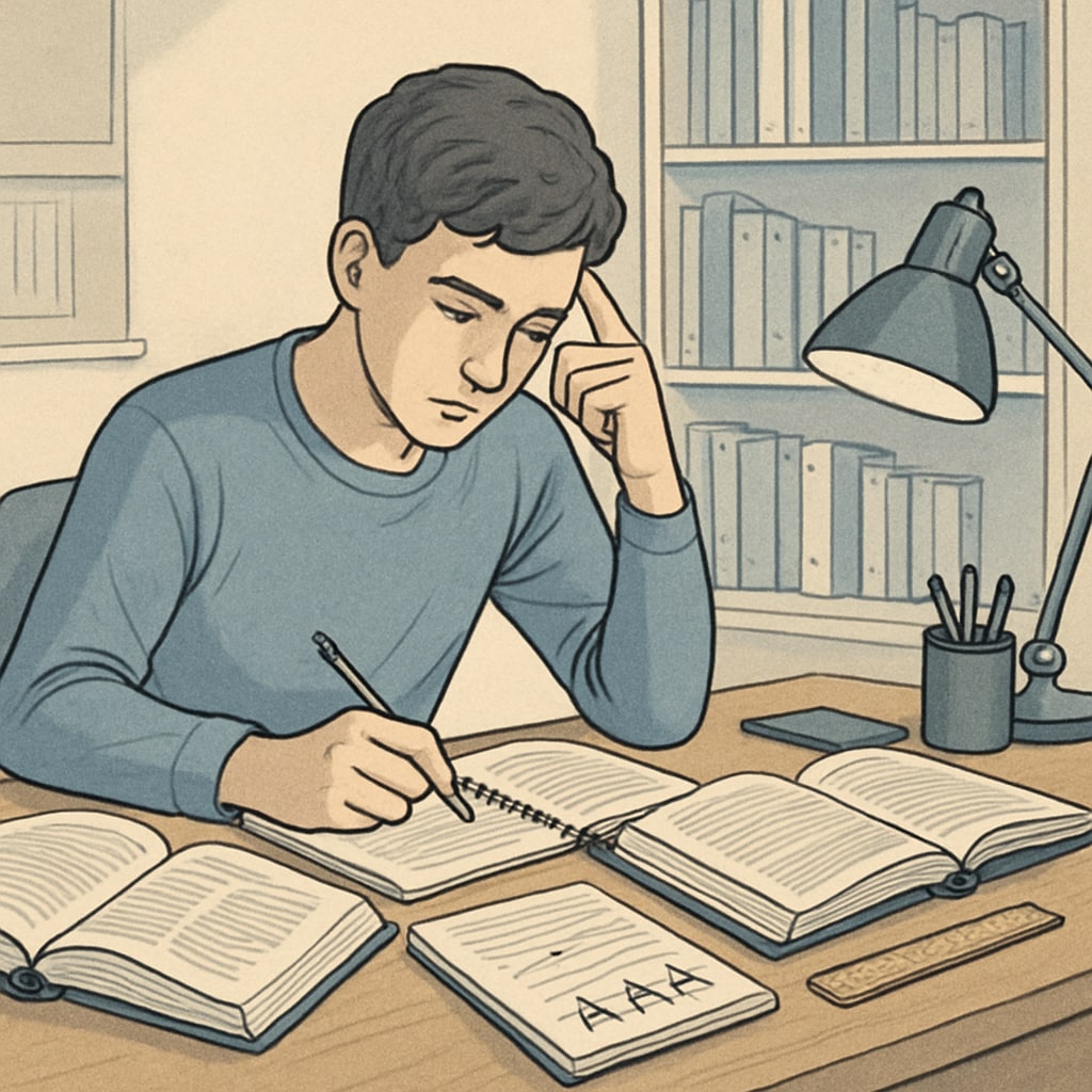 A student revising textbooks and preparing for A-level exams, reflecting the effort and dedication required to improve grades. A student studying for A-level exams.