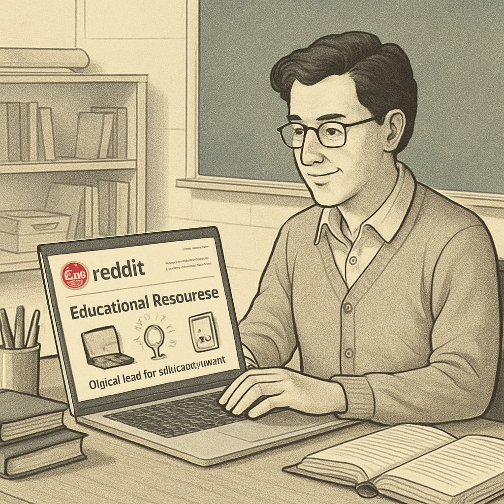 A teacher using a laptop to explore Reddit education subreddits, showcasing digital tools for classroom innovation. Teacher navigating Reddit education resources and subreddits.