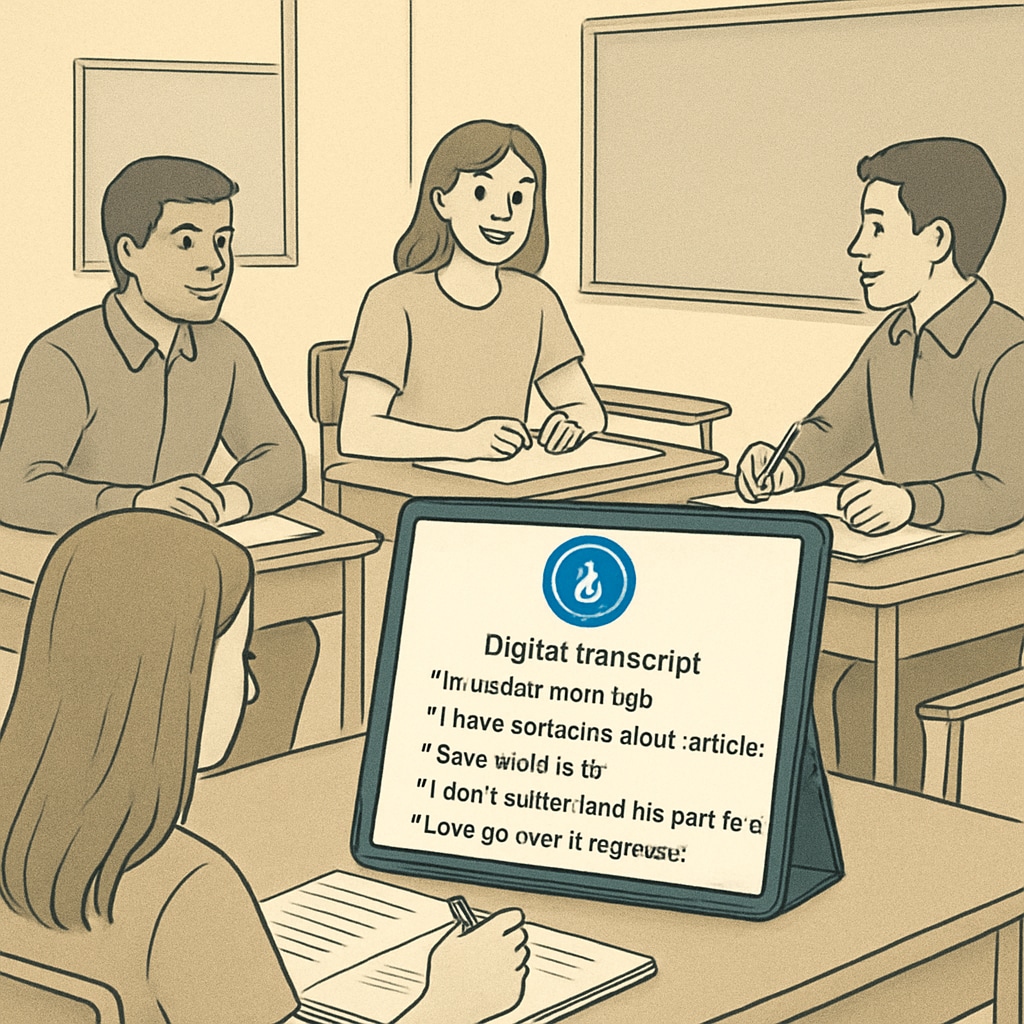 Students reviewing a digital transcript created using voice recognition technology during class discussions; highlights classroom applications of voice recognition. Students reading a digital transcript created by voice recognition tools in a classroom setting.