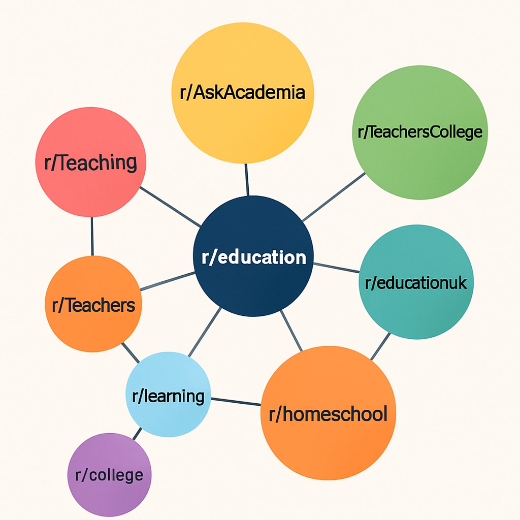 A diagram illustrating interconnected Reddit education subreddits, highlighting their relationships and focus areas. Diagram of Reddit education subreddits and their roles in education networks.