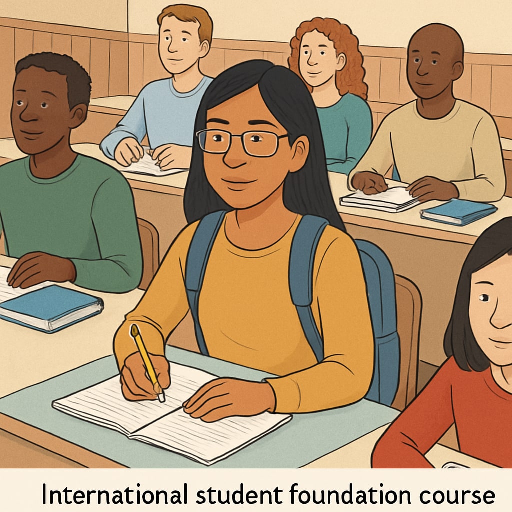 An international student attending a foundation course abroad, surrounded by diverse classmates in a lecture hall. A student participating in an international foundation program.