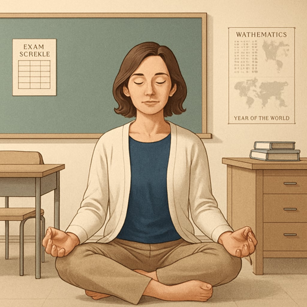 A serene image of a teacher practicing mindfulness meditation in a quiet room to manage exam anxiety. Teacher meditating to reduce anxiety before the OAE exam.