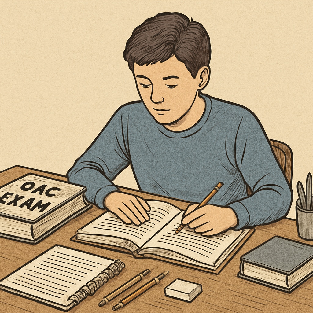 A student sitting at a desk with study materials, preparing for the OAE exam. Student studying for the OAE exam, teacher certification preparation.