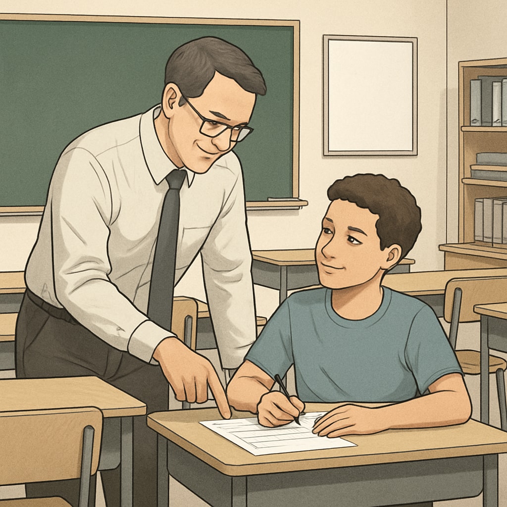 A classroom setting showing a teacher reviewing a student's work, emphasizing academic integrity and mutual trust. Teacher reviewing student work to ensure academic integrity and trust.