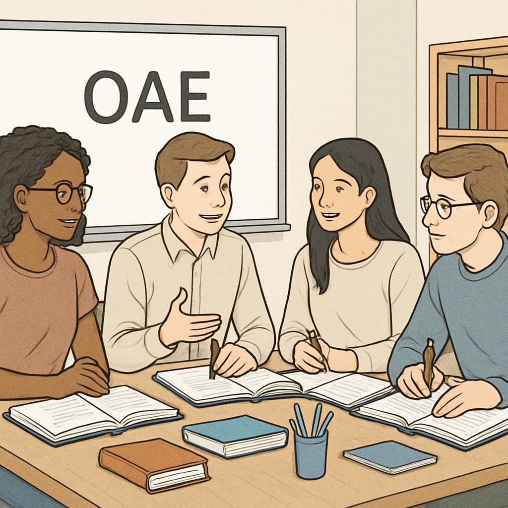 A group of students discussing OAE exam topics in a study group setting. Study group preparing for the OAE exam, exchanging ideas and tips.