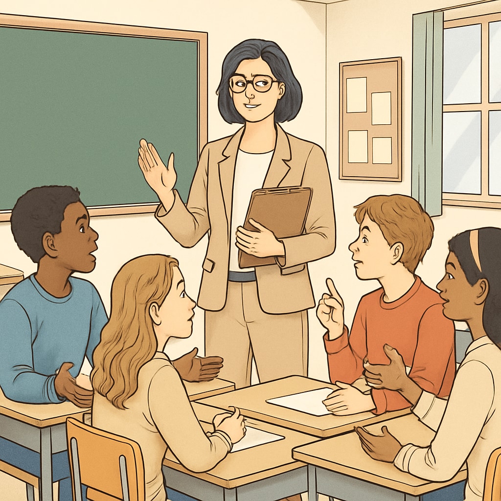 A teacher guiding students in a respectful classroom debate on wokeness.
