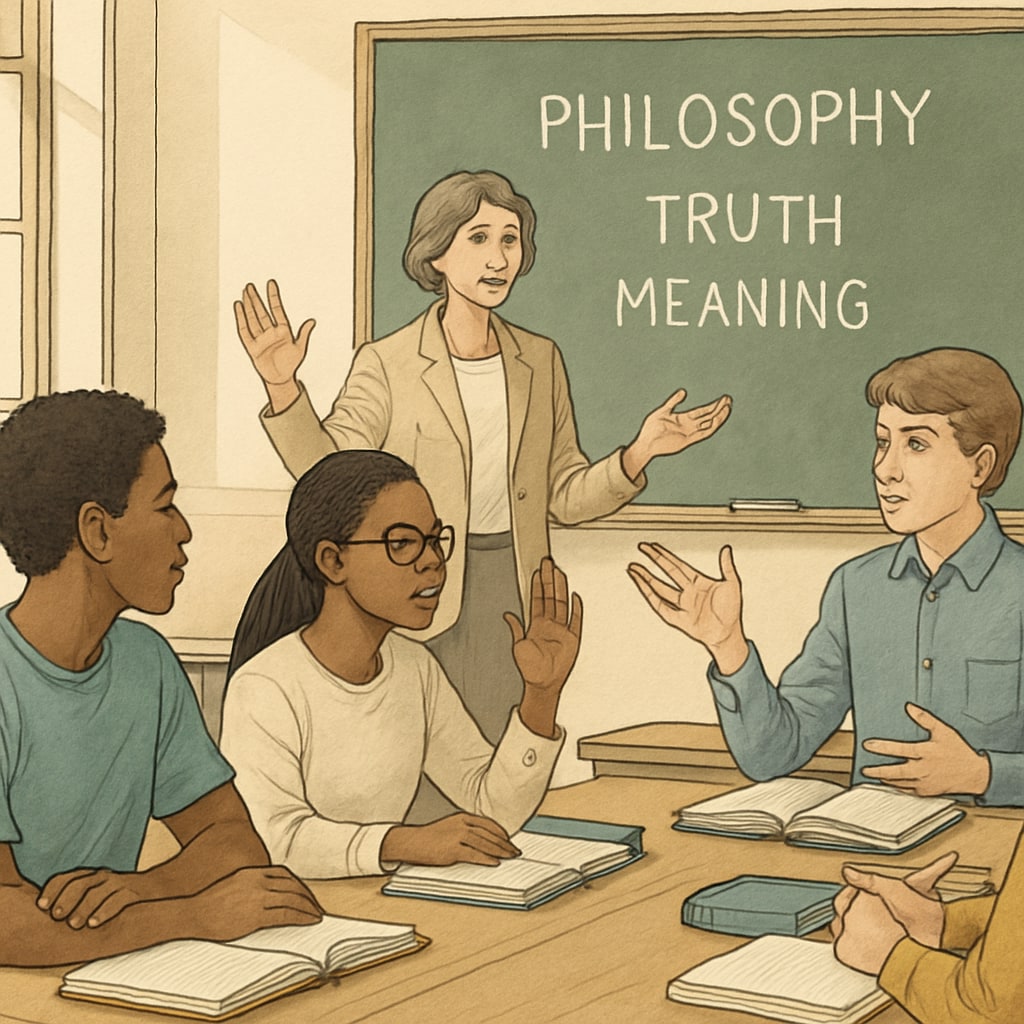 A classroom setting with diverse students discussing philosophical concepts, fostering critical thinking and collaborative learning. Students discussing philosophical ideas in a classroom environment, related to psychology and philosophy learning.