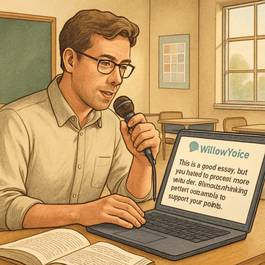 A teacher dictating feedback using WillowVoice speech-to-text software, with text appearing on a laptop screen. Teacher using WillowVoice speech-to-text software to create feedback for students.