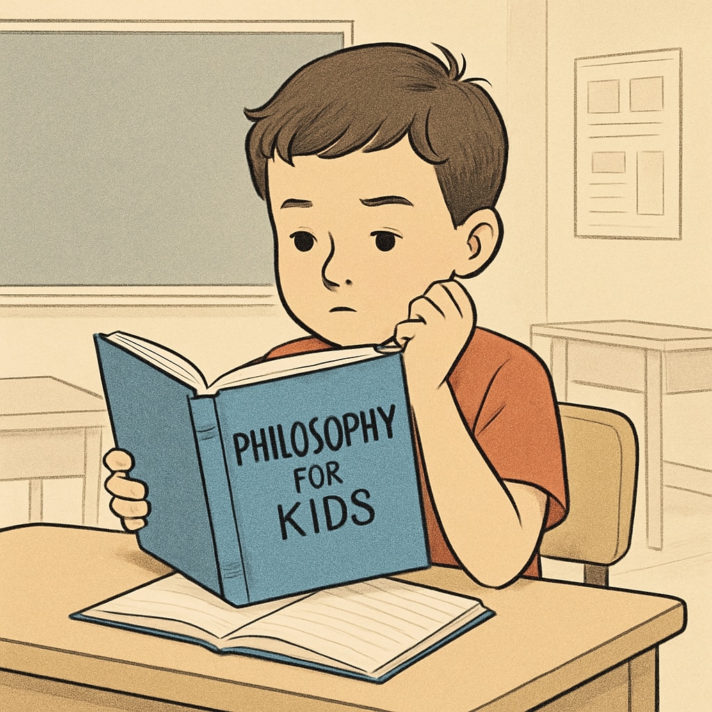 A child holding a book titled Child holding a book about philosophy, representing entry-level resources for young learners.