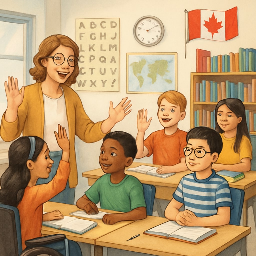 A teacher in a Canadian K-12 classroom, assisting students.
