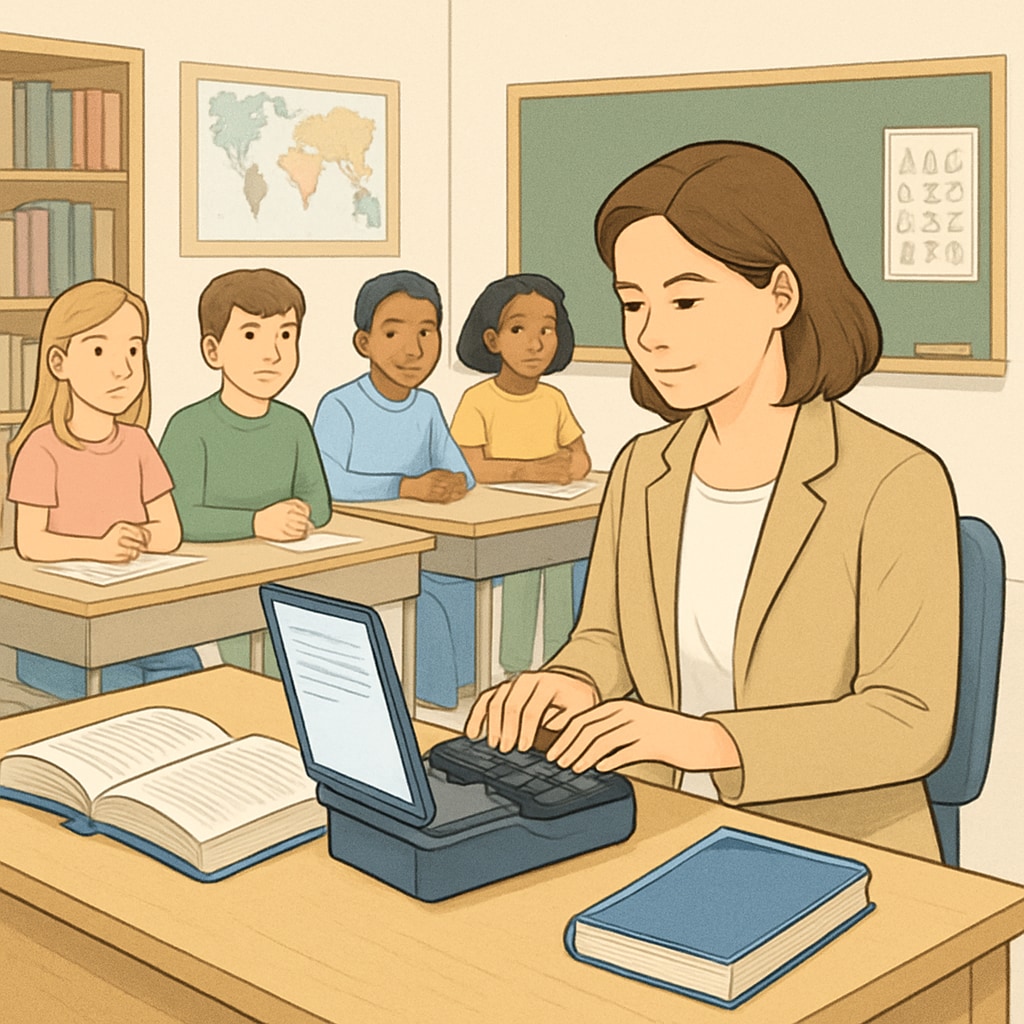 An educator using WillowVoice to transcribe lesson plans onto a digital platform, surrounded by students in a classroom setting. Educator utilizing WillowVoice to draft lesson plans digitally in a classroom environment.