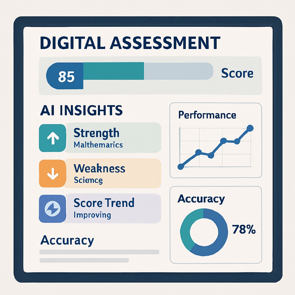 A digital assessment interface displaying AI-driven insights into student performance metrics, highlighting innovative evaluation methods. AI-driven educational assessment interface demonstrating student learning metrics