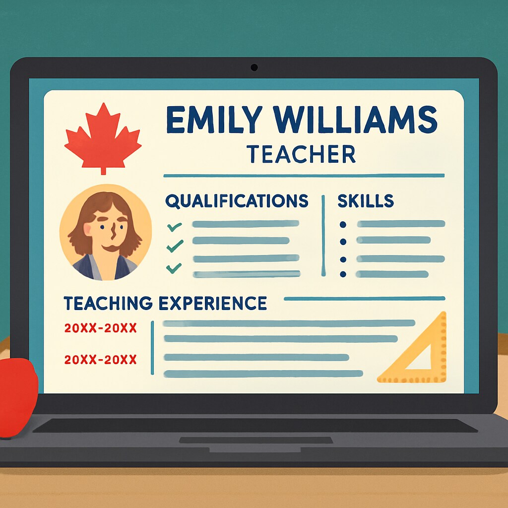 Sample Canadian K-12 teaching resume on a laptop screen.