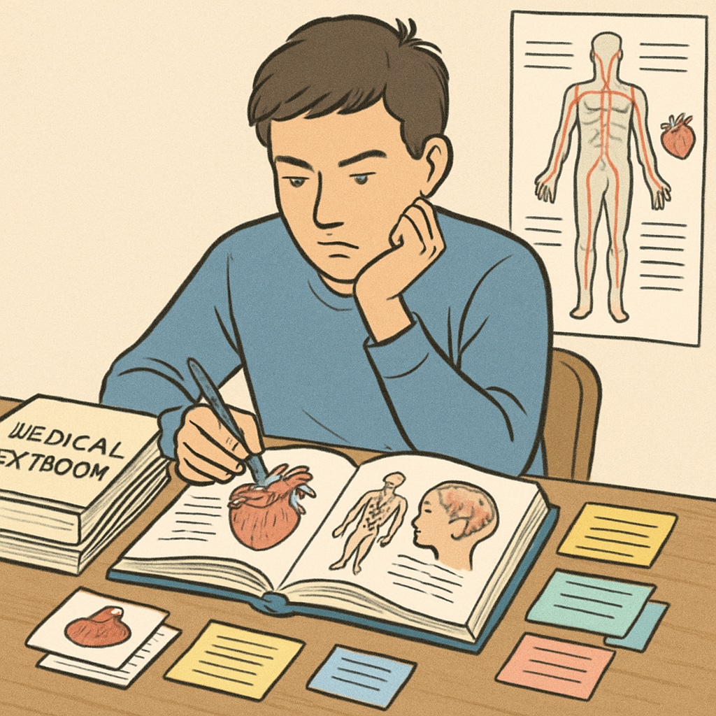A student sitting at a desk, deeply engaged in studying medical textbooks with visible learning aids like flashcards or colored notes. Student using learning aids to overcome challenges while studying medical material.