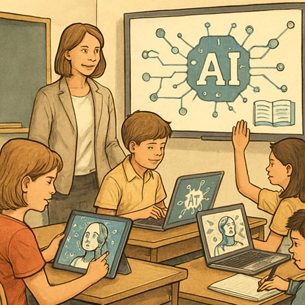 AI-powered learning tools in a classroom setting—students engaging with technology-driven education methods.