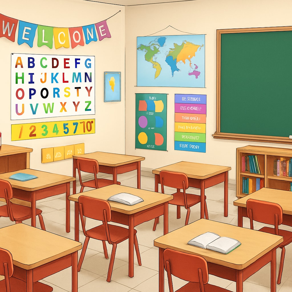 A bright, temporary classroom setup with age-appropriate decorations to support elementary learning. A temporary classroom with colorful decorations, reflecting elementary school themes.