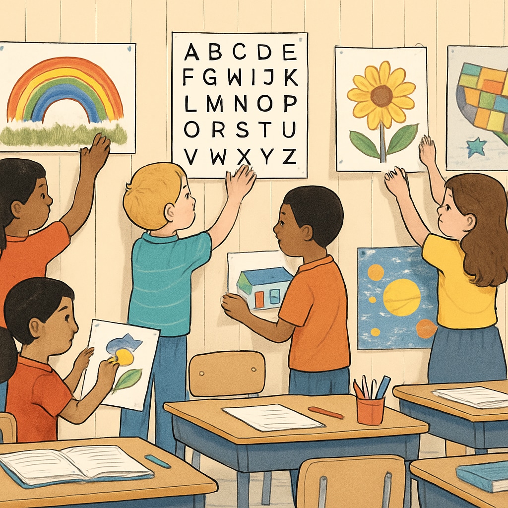 A group of elementary students decorating their temporary classroom with artwork and posters. Elementary students adding personal artwork to their temporary classroom.