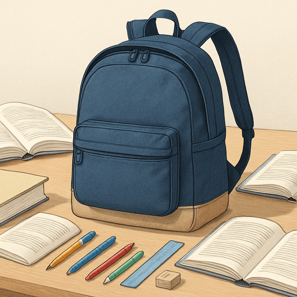 A high-quality, spacious college backpack placed on a desk surrounded by textbooks and stationery. Spacious college backpack for affordable and practical use.